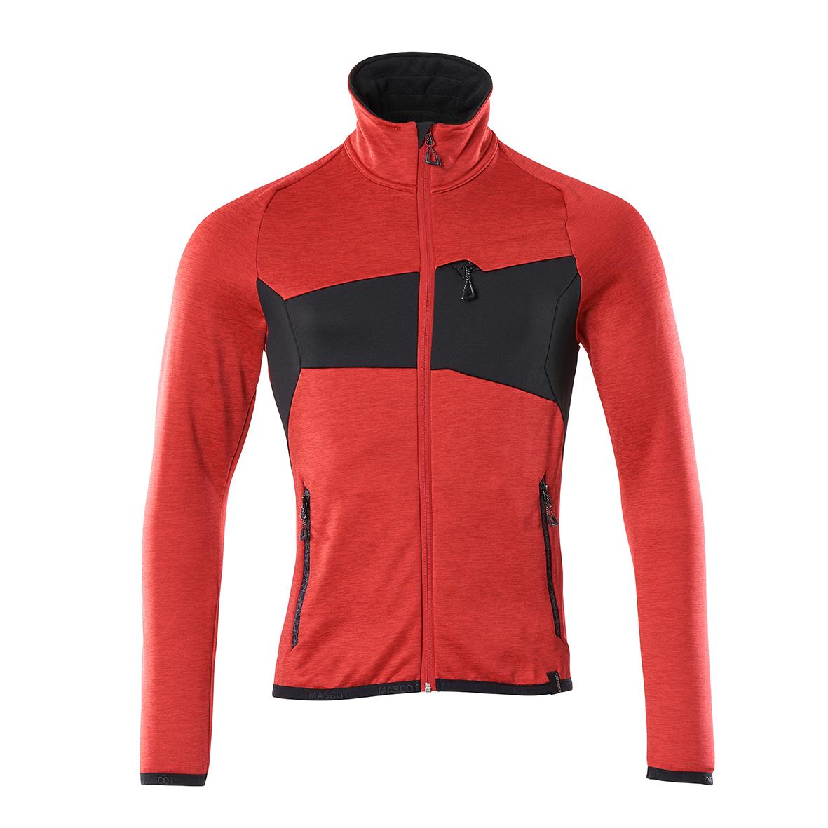 Fleecetröja i signalröd och svart med dragkedja och hög krage