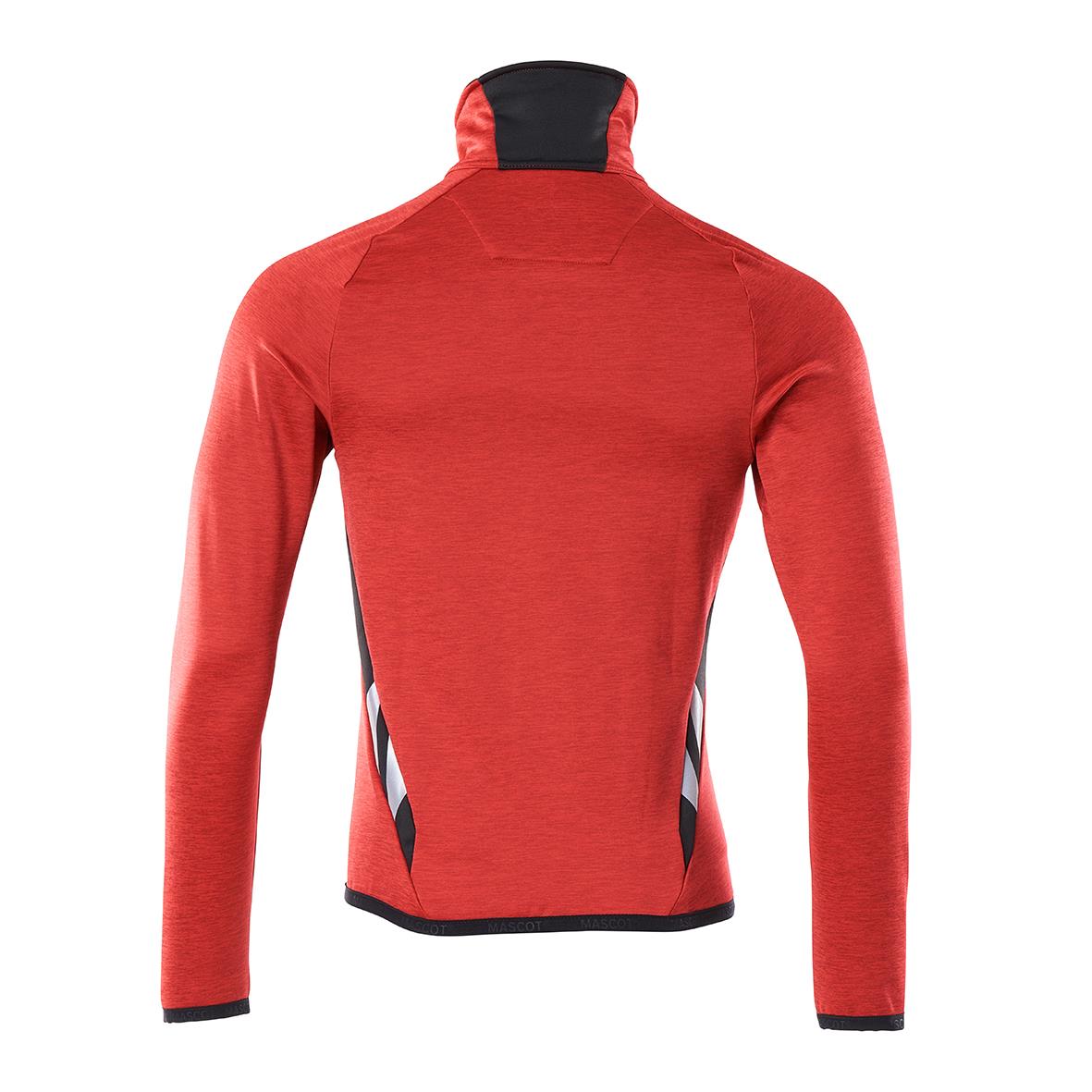 Röd och svart fleecejacka med hög krage och dragkedja bakifrån