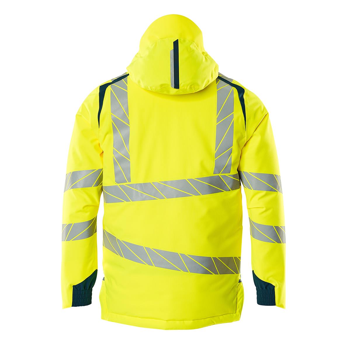 Vinterjacka i varselgul och svart med reflexremsor och huva