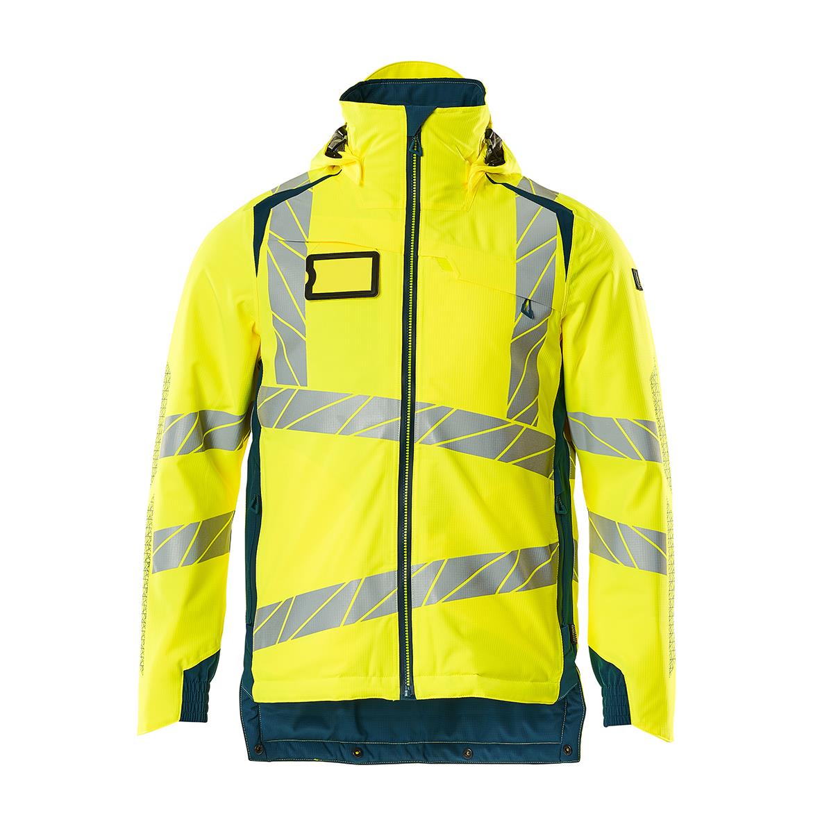 Vinterjacka i varselgul och svart med reflexdetaljer, dragkedja fram, hög krage och flera fickor