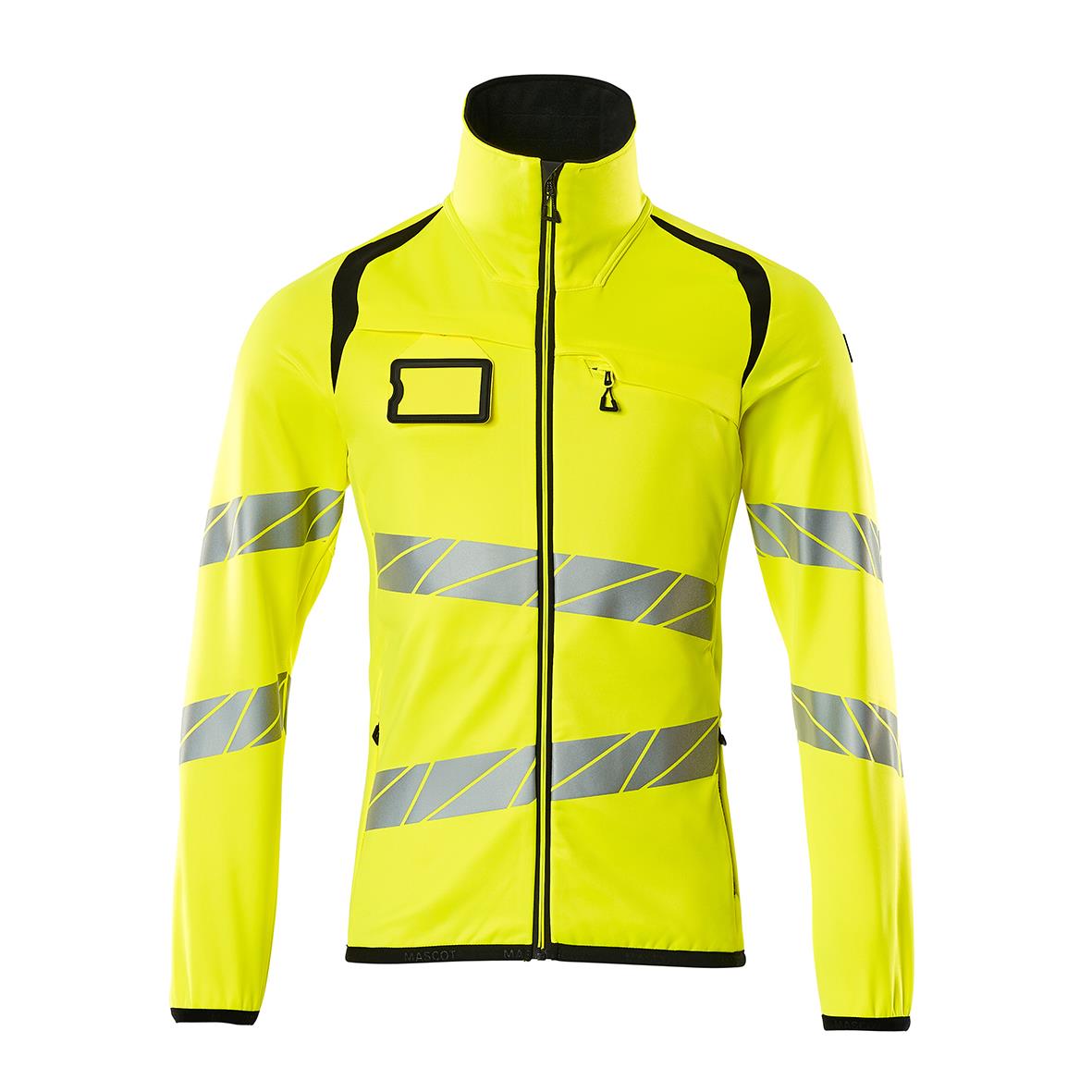 Fleecetröja i varselgul med svarta detaljer och reflexremsor, designad för säkerhet och synlighet