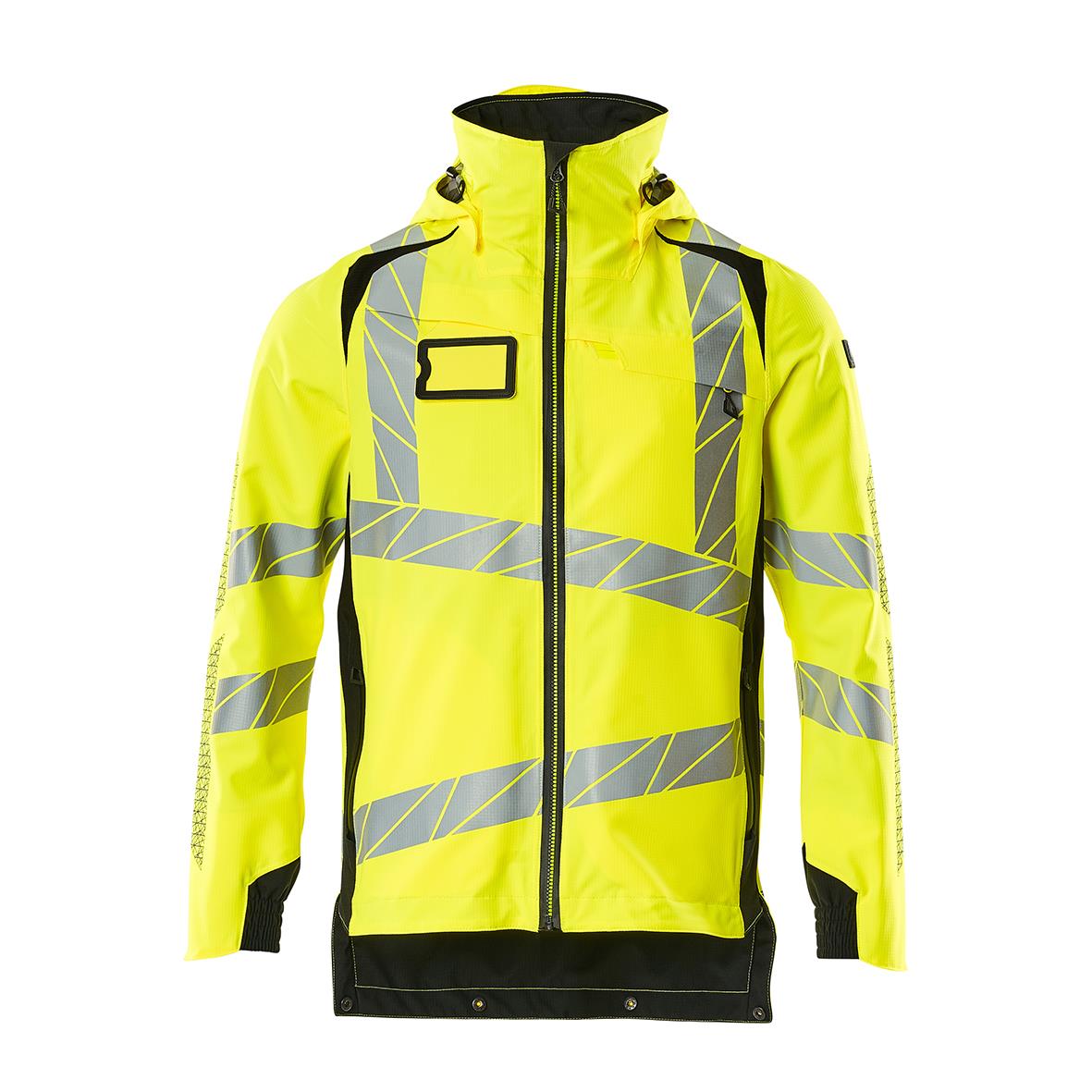 Skaljacka i varselgul och svart med reflexremsor och dragkedja