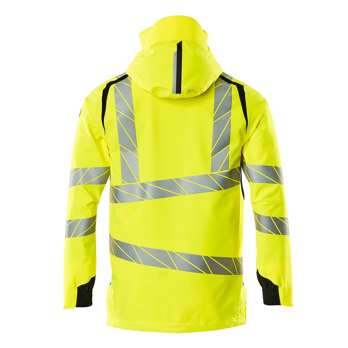 Högsynlig varselgul och svart skaljacka med reflexremsor och huva