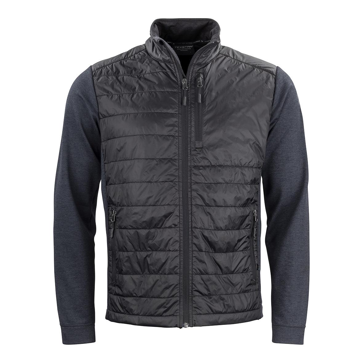 Svart hybridjacka med vadderad framdel och mörkblå ärmar och sidor, stängs med dragkedja