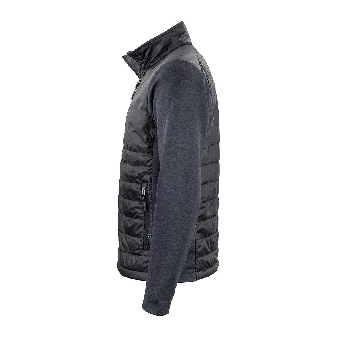 Svart hybridjacka med vadderad framdel och mörkblå ärm och sidopanel