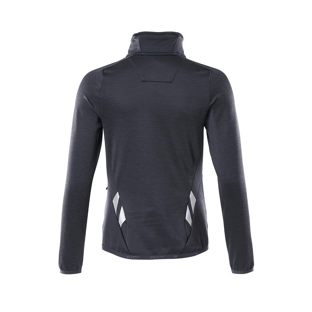 Mörk marin fleecejacka med hög krage och reflexdetaljer bakifrån, storlek XS