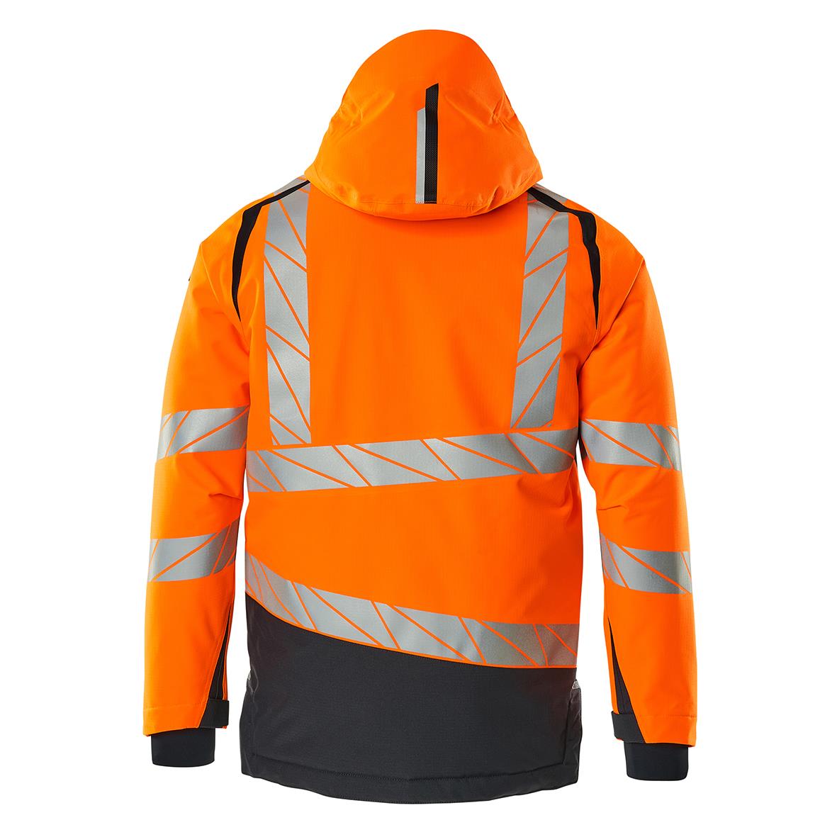 Vinterjacka i varselorange och mörk marin med reflexdetaljer och huva