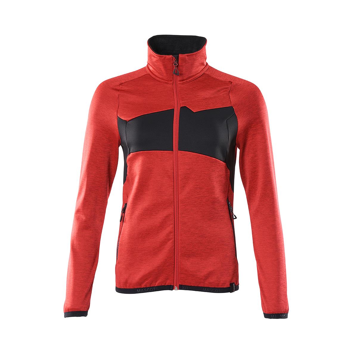 Fleecetröja för dam i signalröd och svart med ståkrage och dragkedja fram