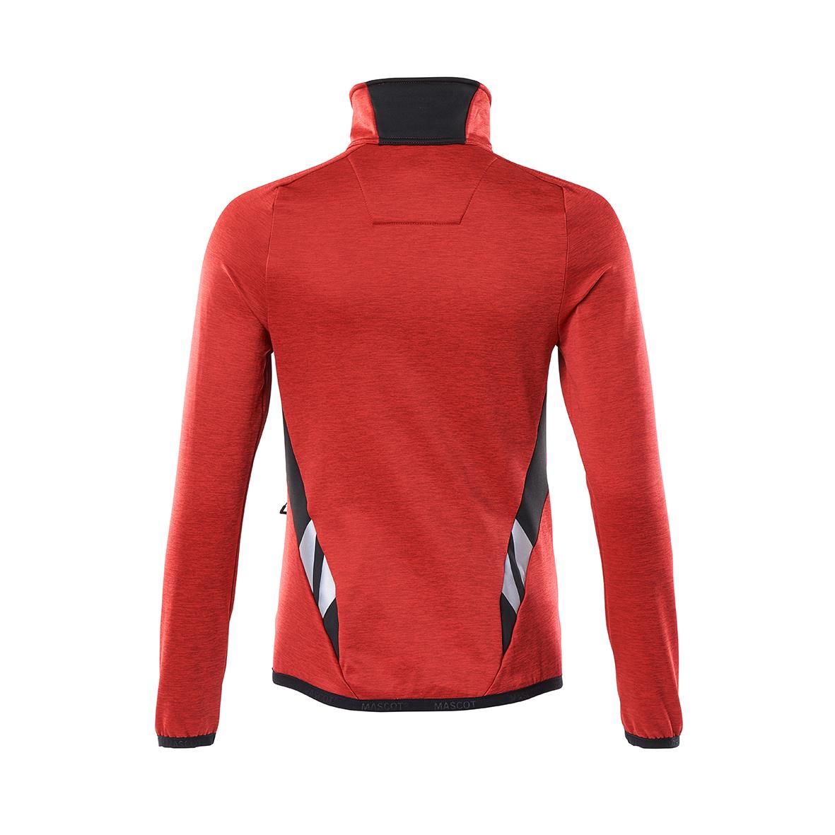 Röd och svart fleecejacka för dam med hög krage och reflexdetaljer i sidan