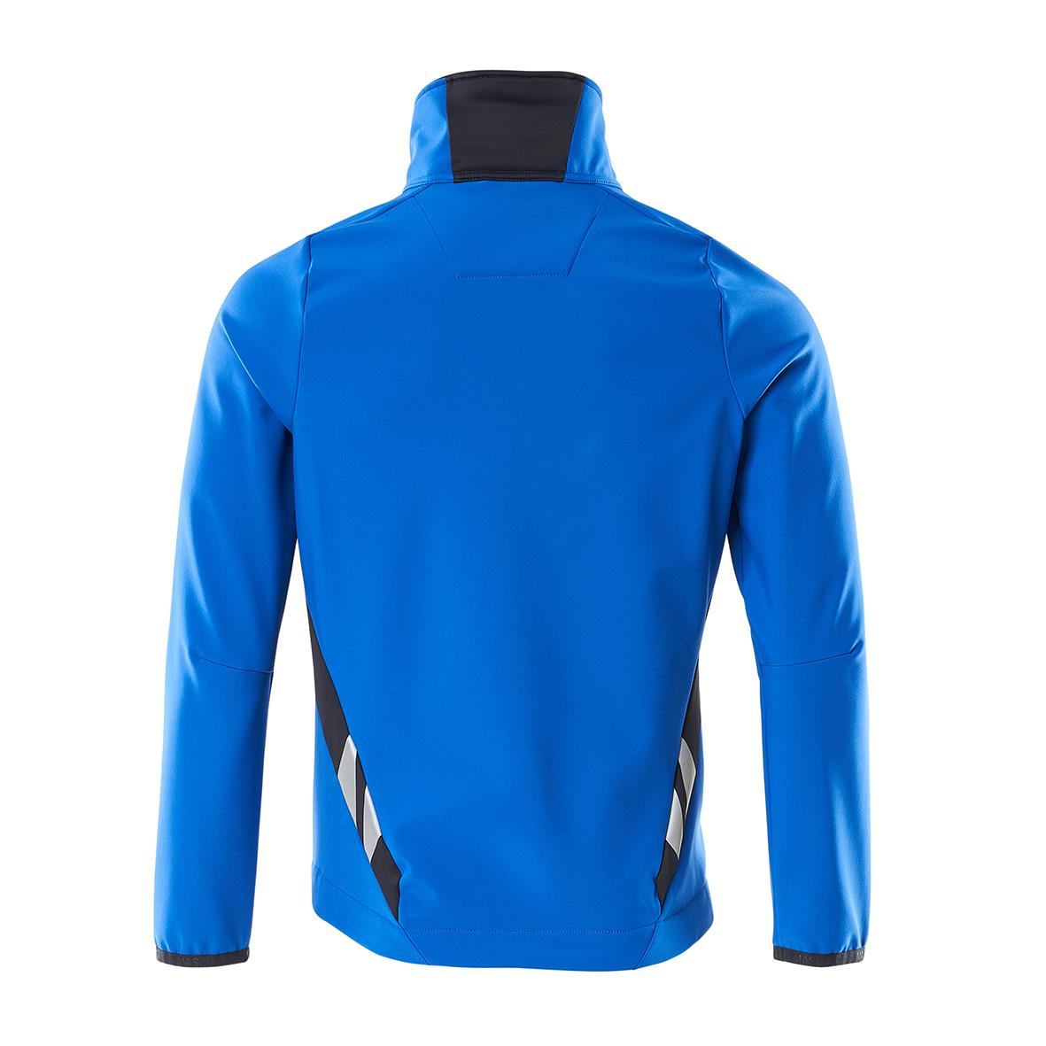 Azurblå softshelljacka med mörk marin detaljer och hög krage