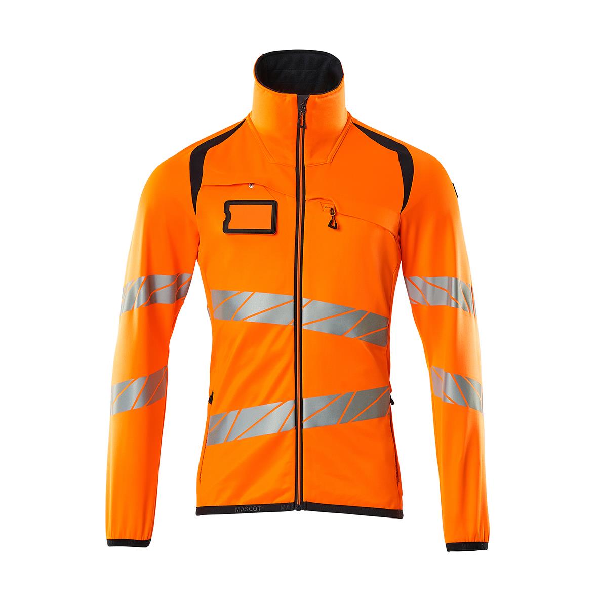 Fleecetröja i varselorange med mörk marin detaljer och reflexremsor, dragkedja fram och bröstficka