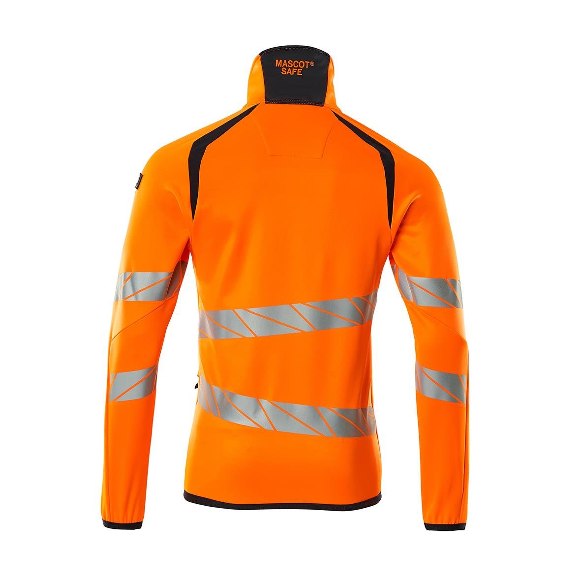 Fleecetröja i varselorange och mörk marin med reflexremsor och hög krage