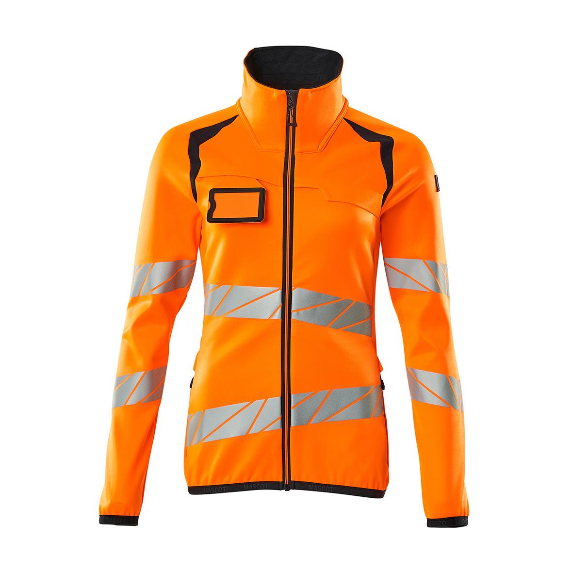 Fleecetröja i varselorange med mörk marin detalj och reflexremsor, långärmad med dragkedja och hög krage