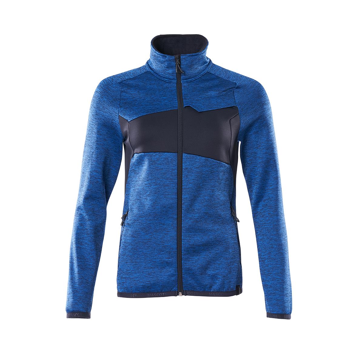 Fleecetröja i azurblå och mörk marin med stående krage och dragkedja fram