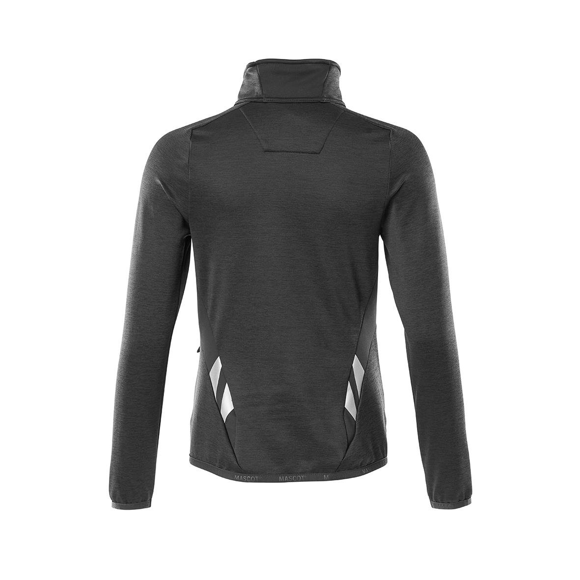 Svart fleecejacka med hög krage och reflexdetaljer bakifrån, storlek XS