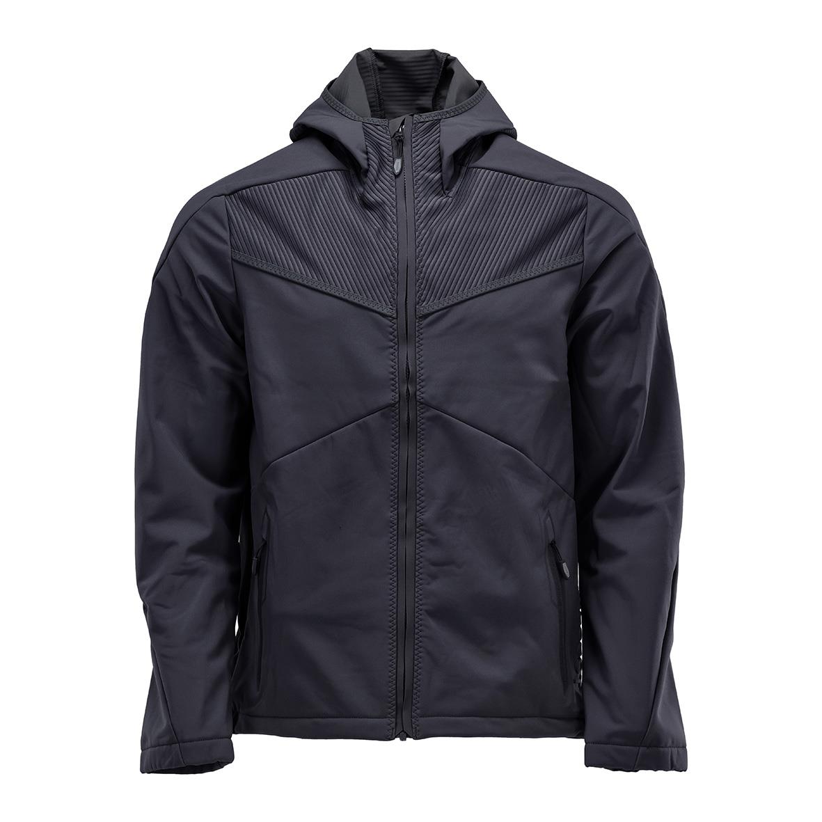 Mörk marin softshelljacka med huva i storlek 2XL