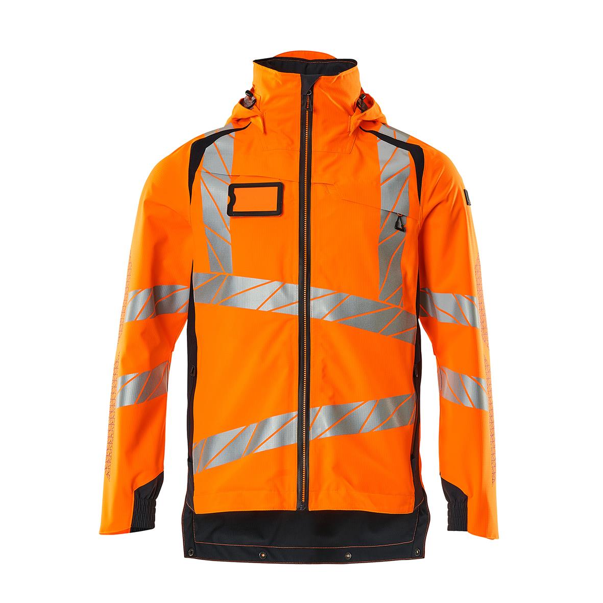 Varselorange och mörk marin skaljacka med reflekterande band och dragkedja