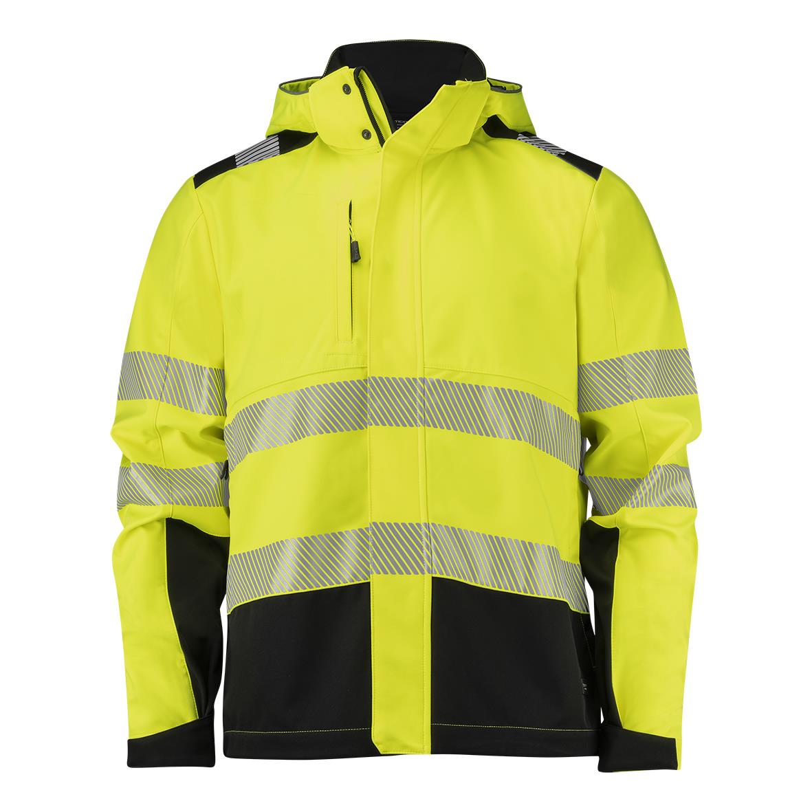 Högsynlig softshelljacka i varselgul och svart med reflekterande band, dragkedja fram och huva