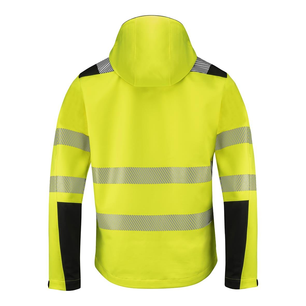 Högsynlig softshelljacka i varselgul och svart med reflexremsor och huva, storlek XS