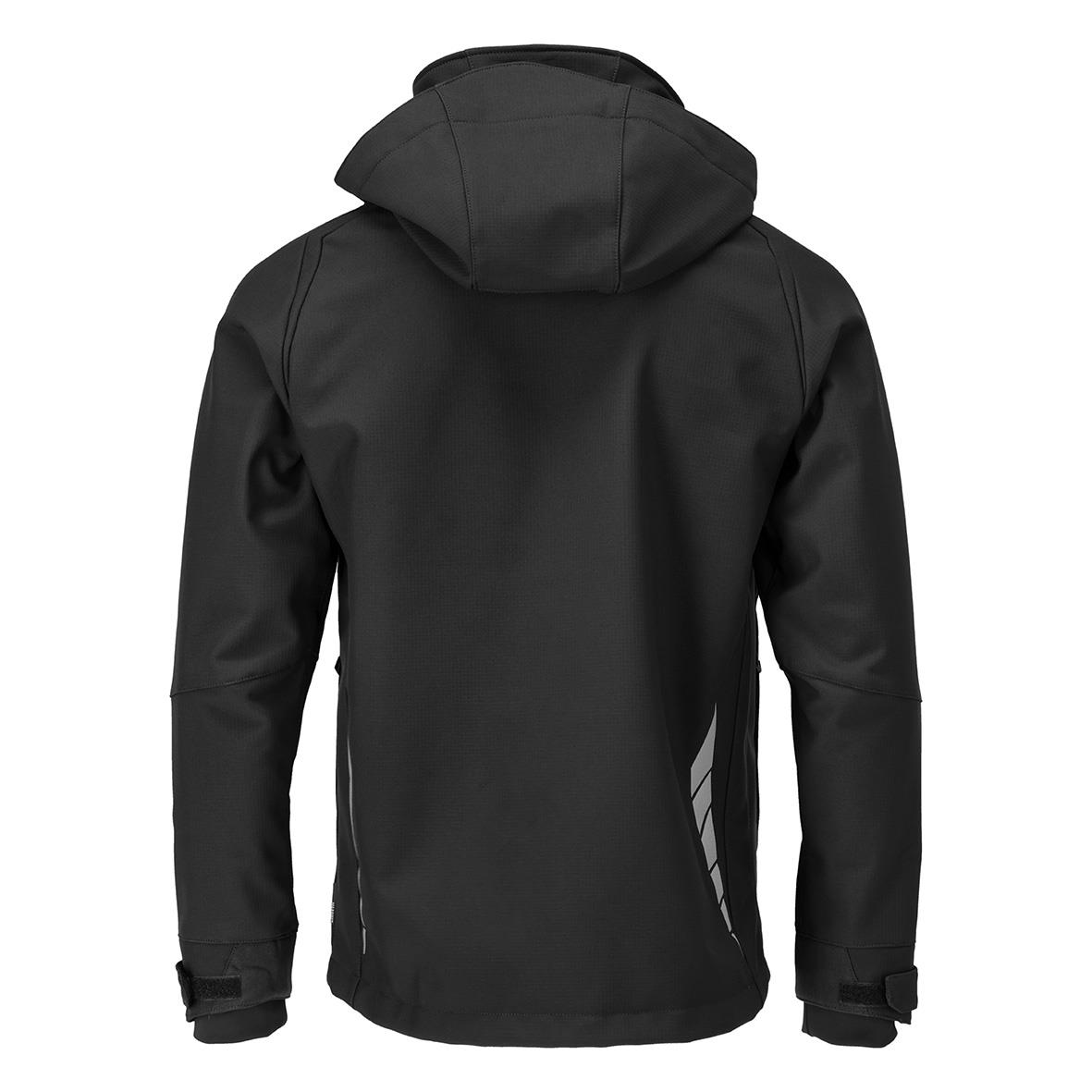 Svart softshelljacka med huva och dragkedja bakifrån