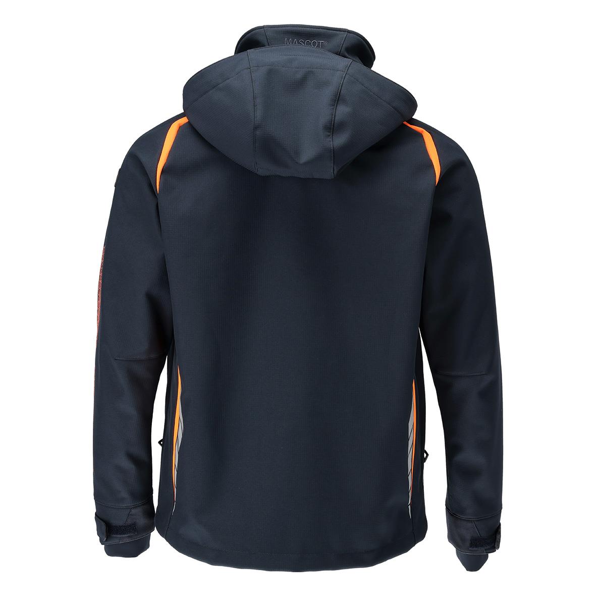 Mörk marin och varselorange softshelljacka med huva och dragkedjor på sidorna