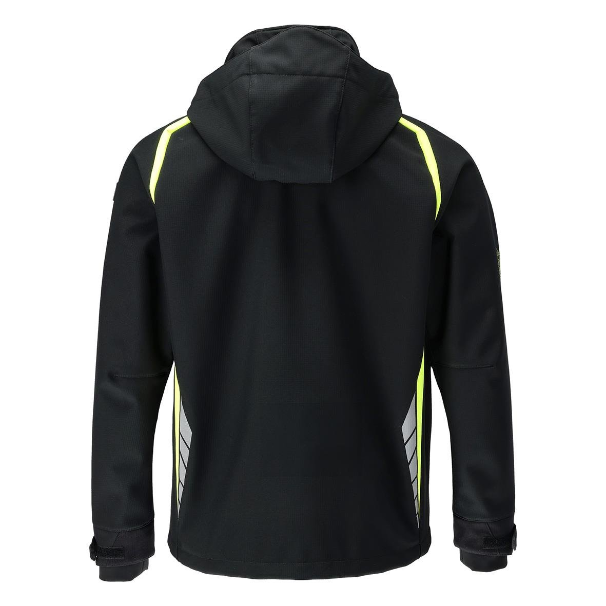 Svart softshelljacka med varselgul detaljer och huva
