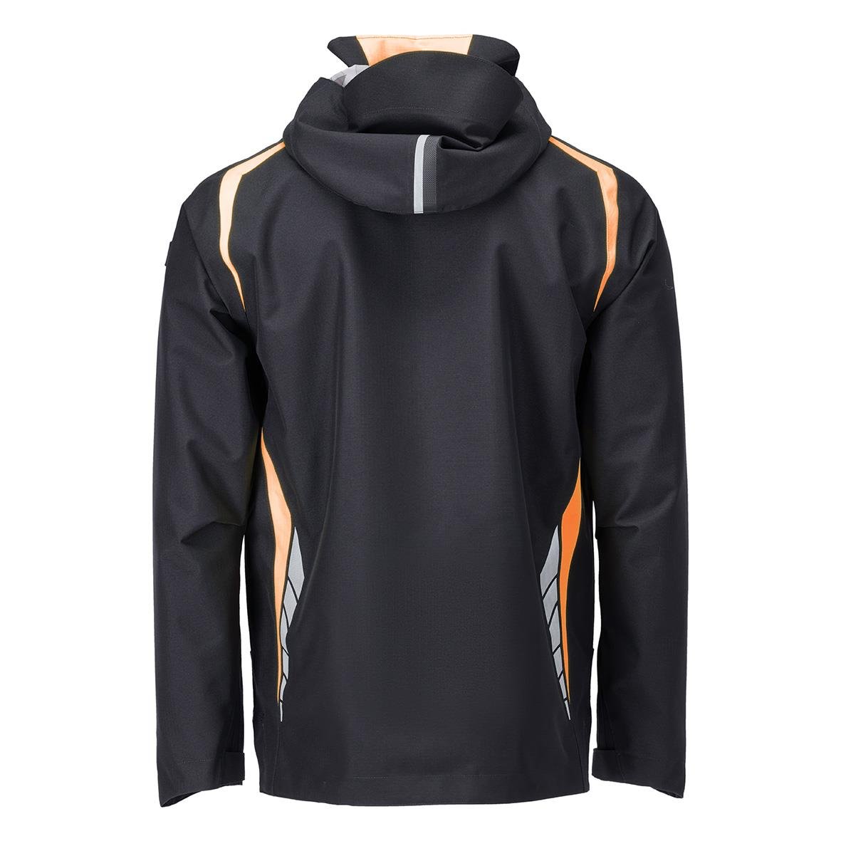 Skaljacka i mörk marin och varselorange med huva och kontrastdetaljer