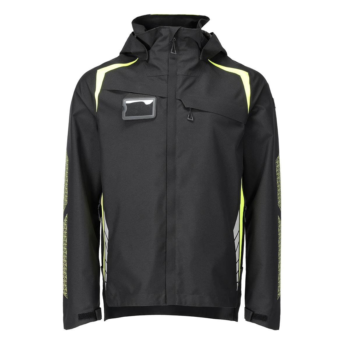 Svart skaljacka med varselgula detaljer och huva, storlek 2XL