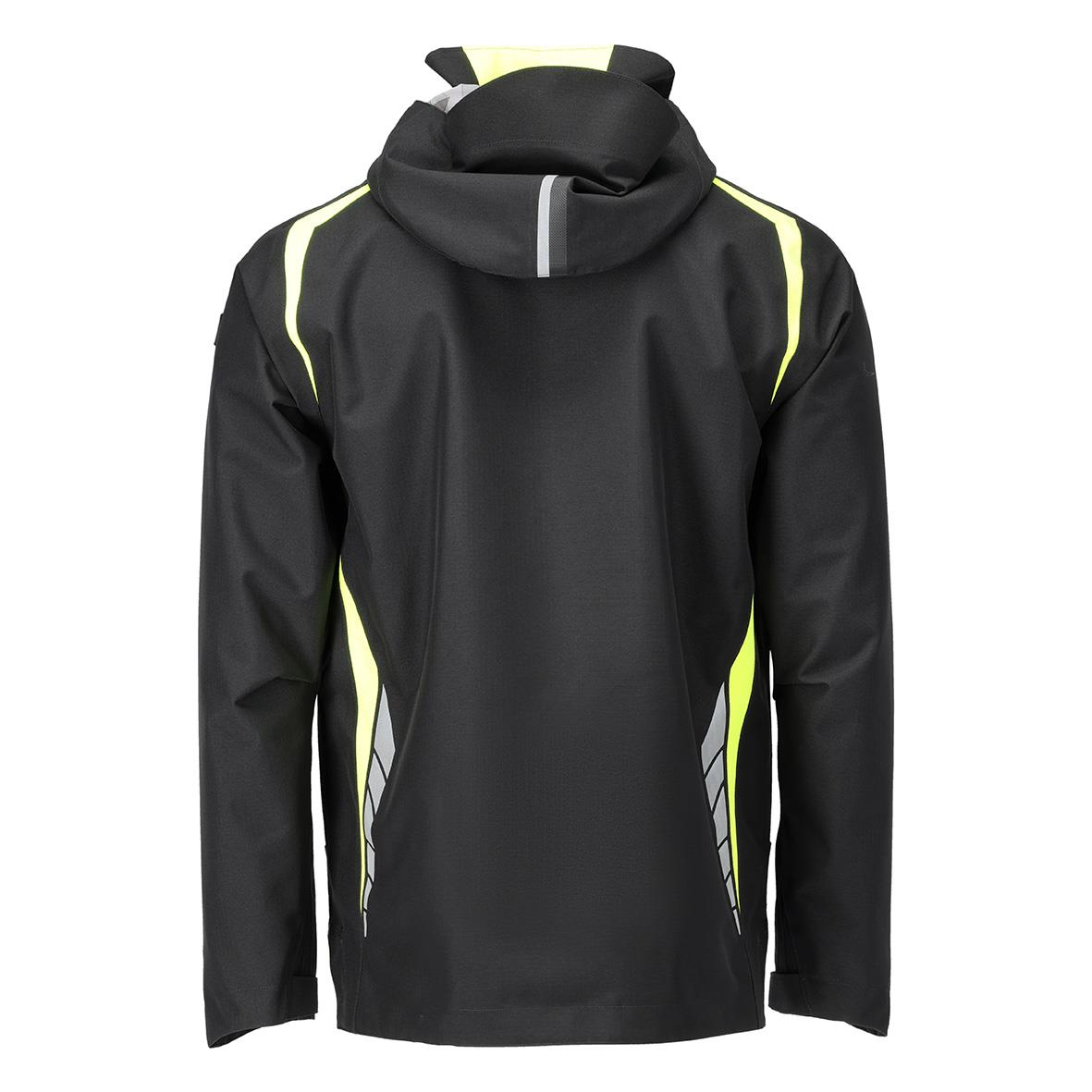 Svart skaljacka med varselgul detaljer och huva