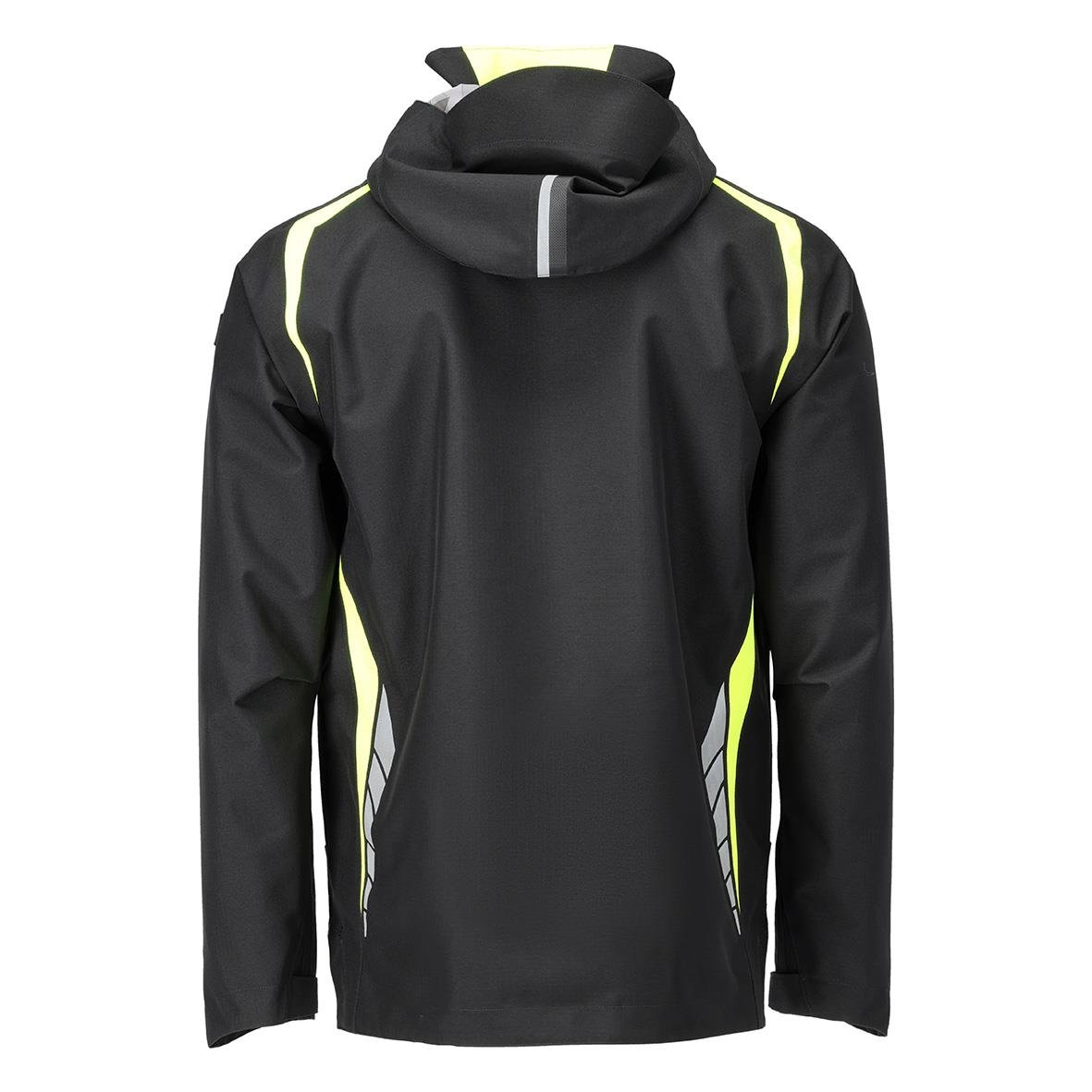 Svart skaljacka med varselgul detaljer och huva