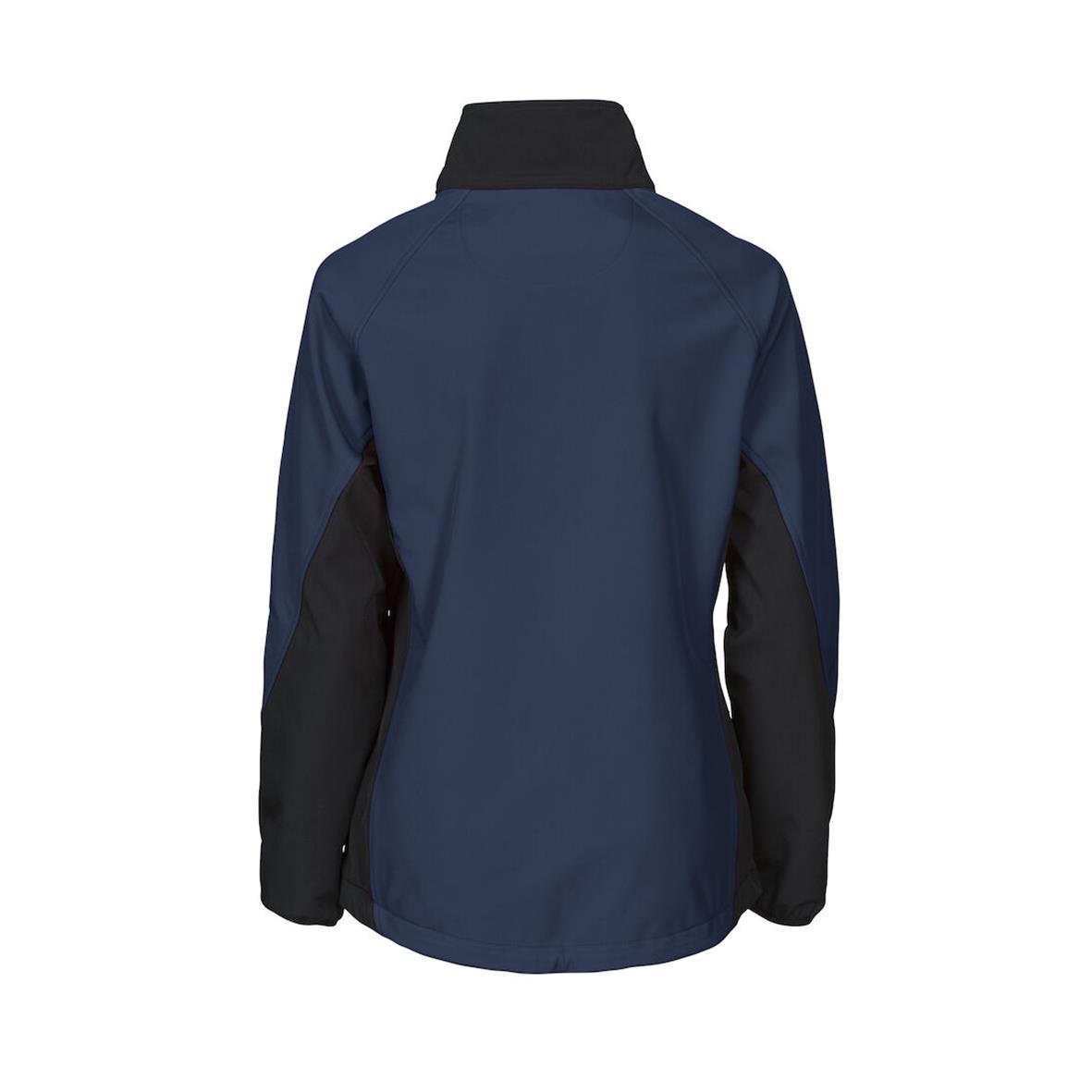 Marinblå softshelljacka med svarta ärmar och hög krage