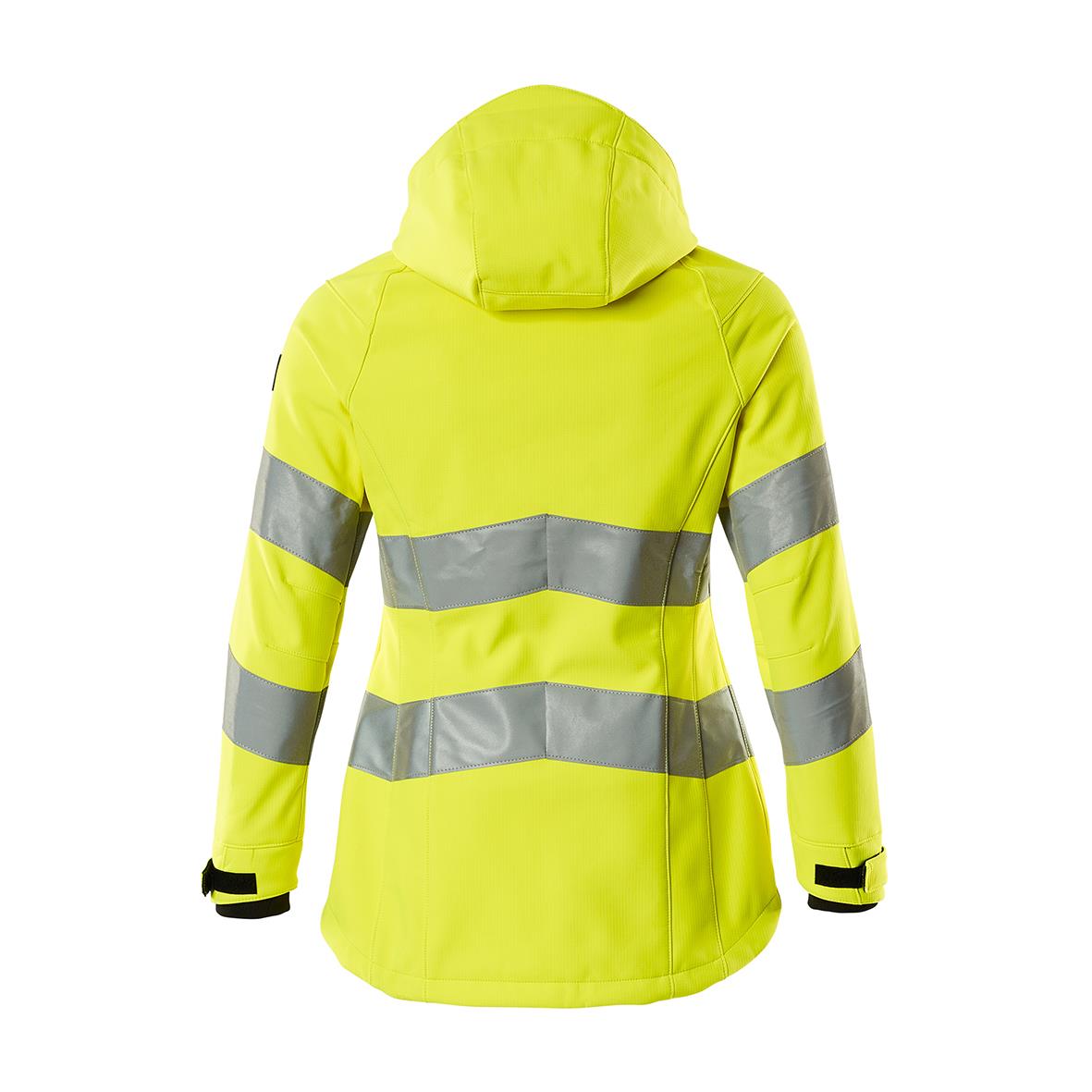 Högsynlig softshelljacka i varselgul med reflekterande band bakifrån