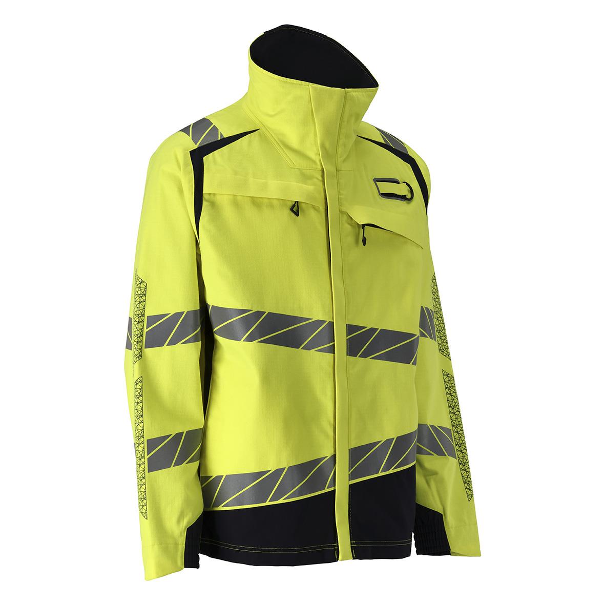 Hög synlighetsjacka i varselgult med mörk marin färgdetaljer och reflexremsor för säkerhet