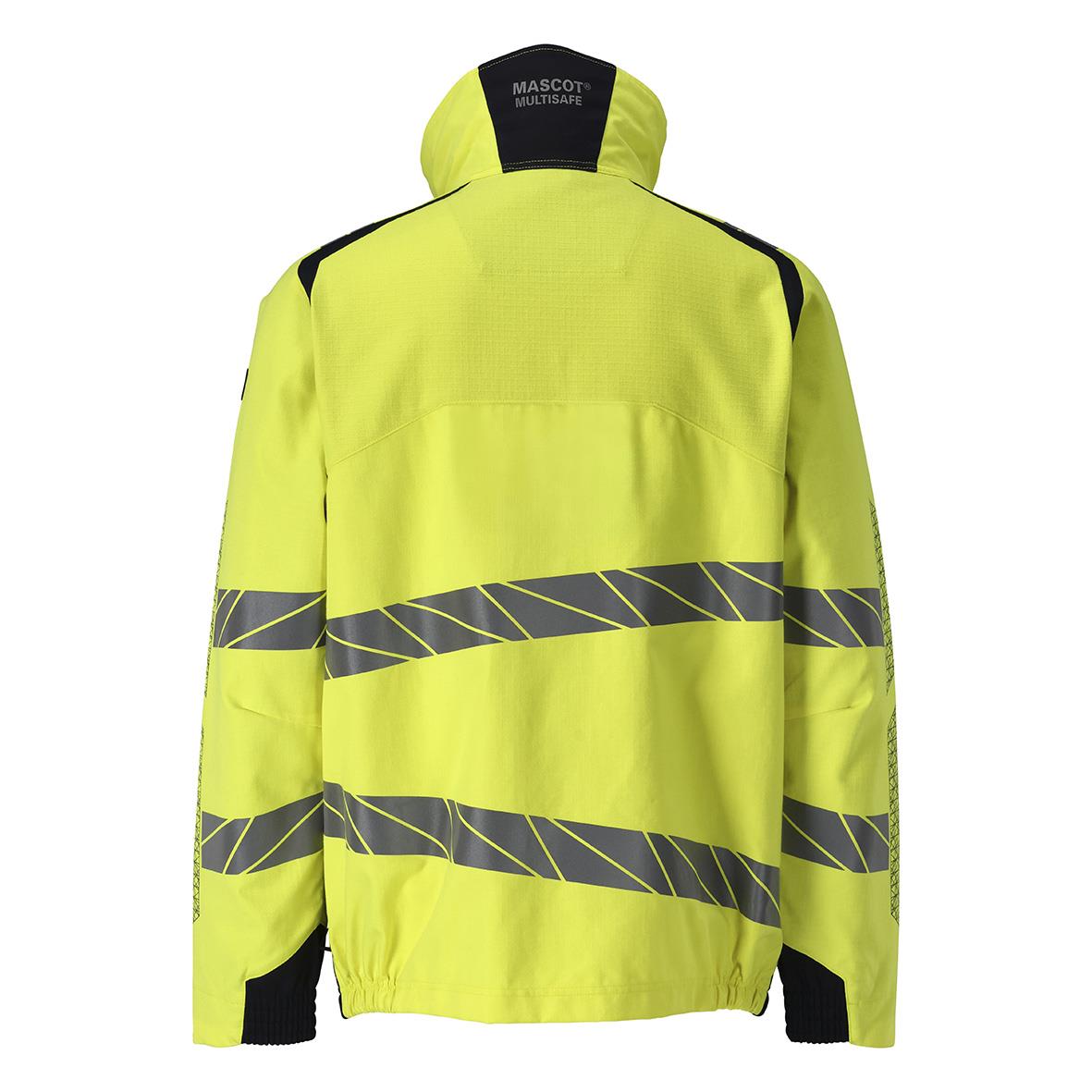 Högsynlig varseljacka i mörk marin och gul med reflexremsor, storlek XL