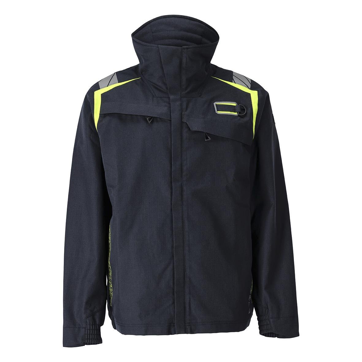 Svart jacka med höga kragar och reflexdetaljer på axlar och bröst