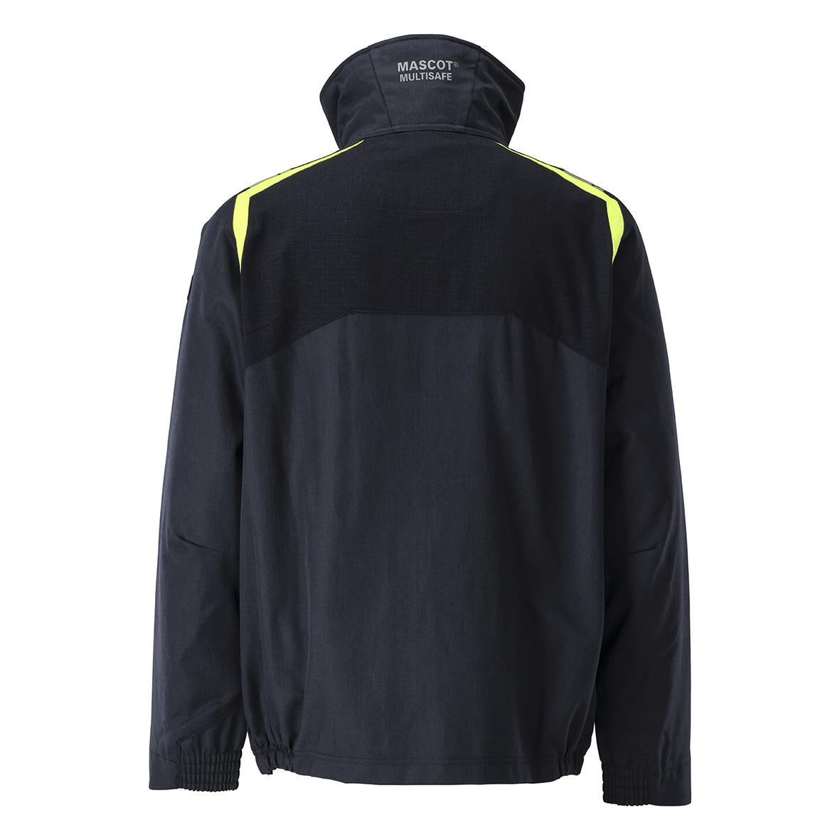 Svart och mörkblå jacka med gula detaljer bakifrån