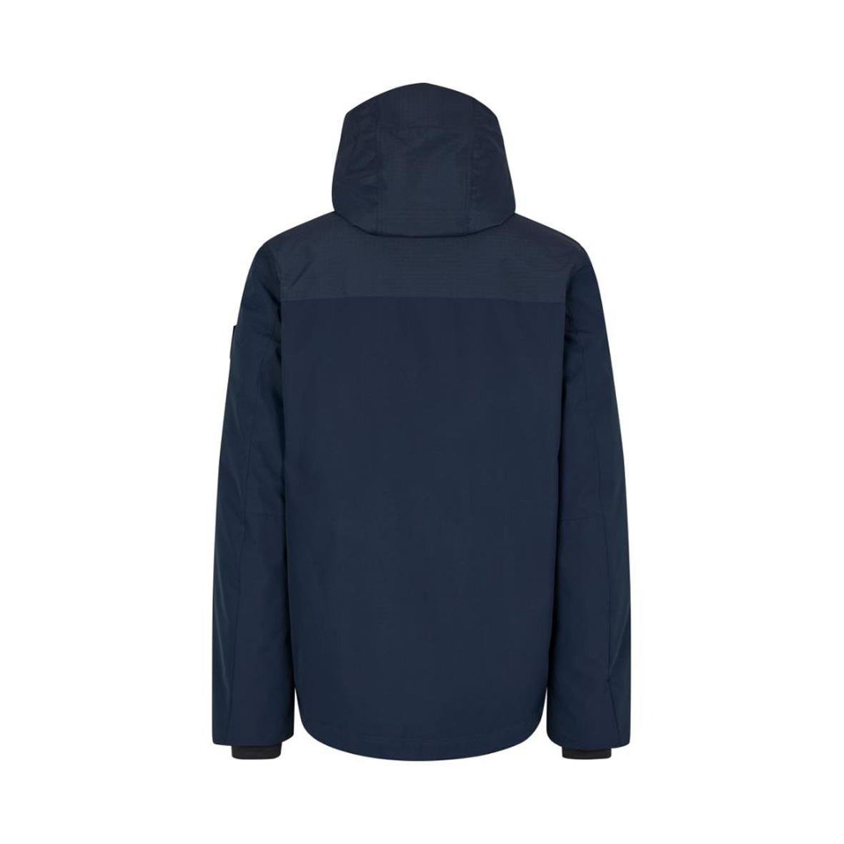 Vinterjacka i marinblå färg med huva sett bakifrån