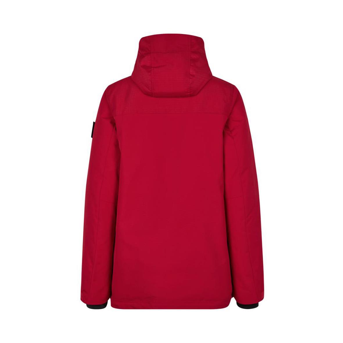 Röd vinterjacka för dam med huva och dragkedja bakifrån