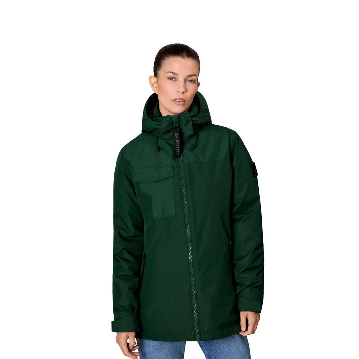 Dam vinterjacka i buteljgrön med huva och dragkedja, storlek S