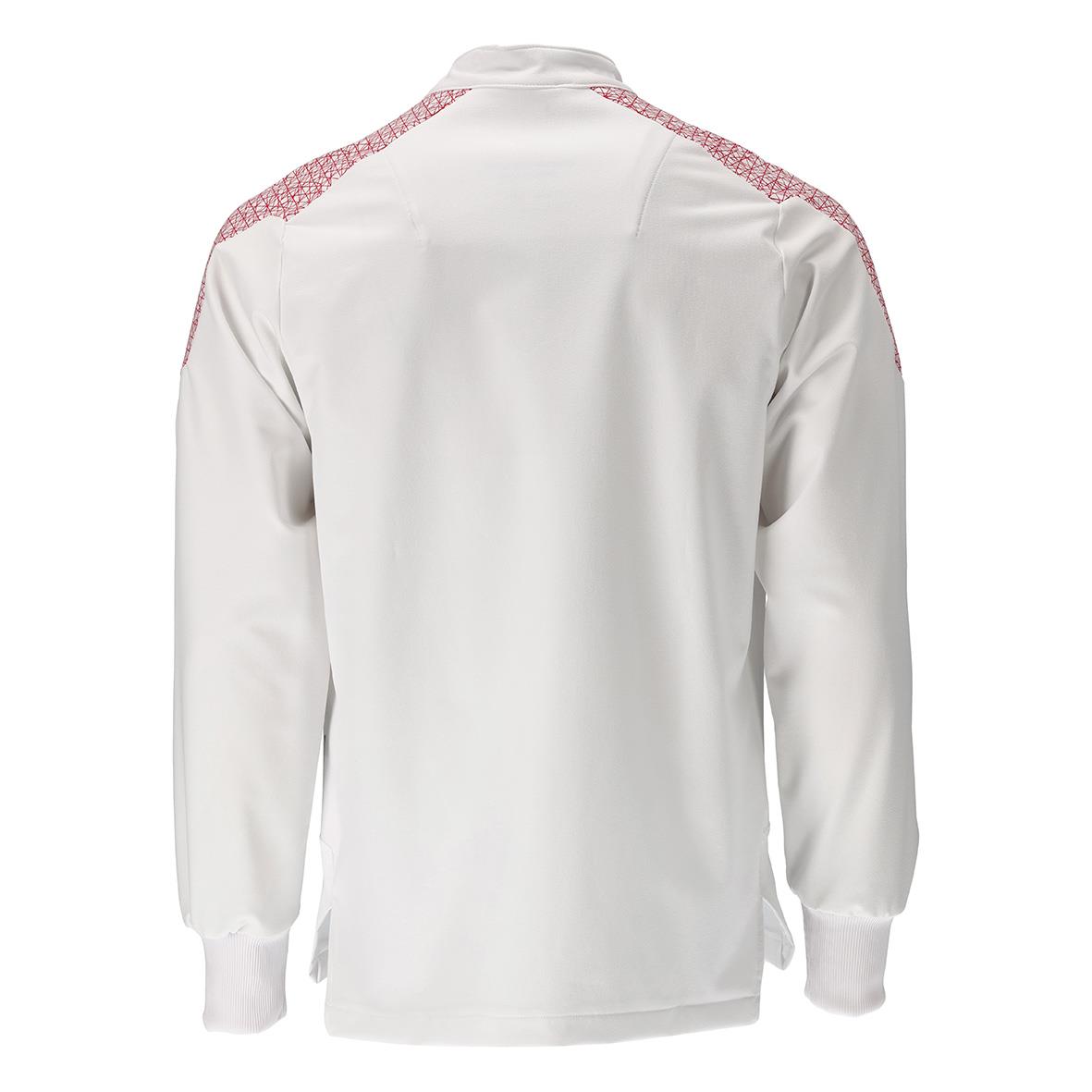 Vit sportjacka med rosa detaljer på axlarna och ärmar, sett bakifrån