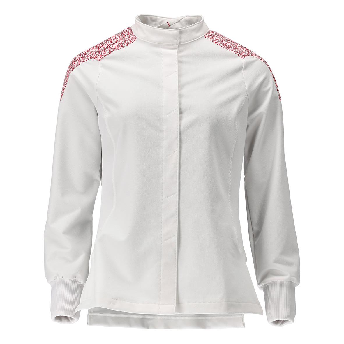 Vit sportjacka med rosa mönster på axlar och ärmar, ståkrage och dragkedja fram