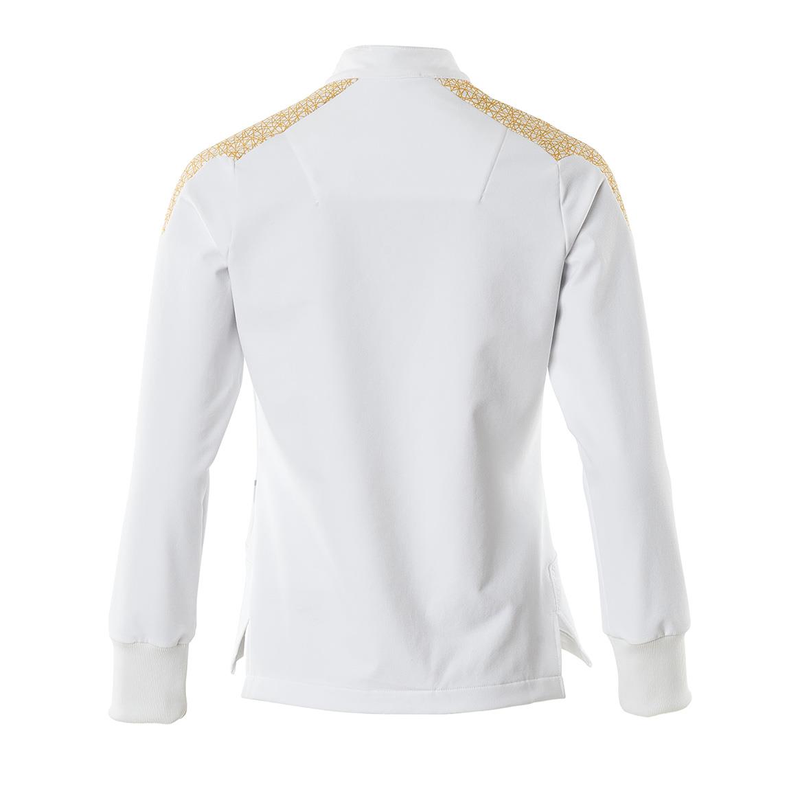 Vit jacka med gulddetaljer på axlarna och dragkedja i sidan