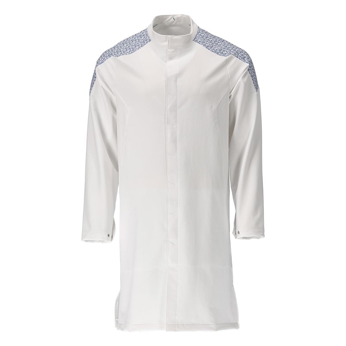 Vit kockklänning med blå mönstrade axlar och trekvartsärmar