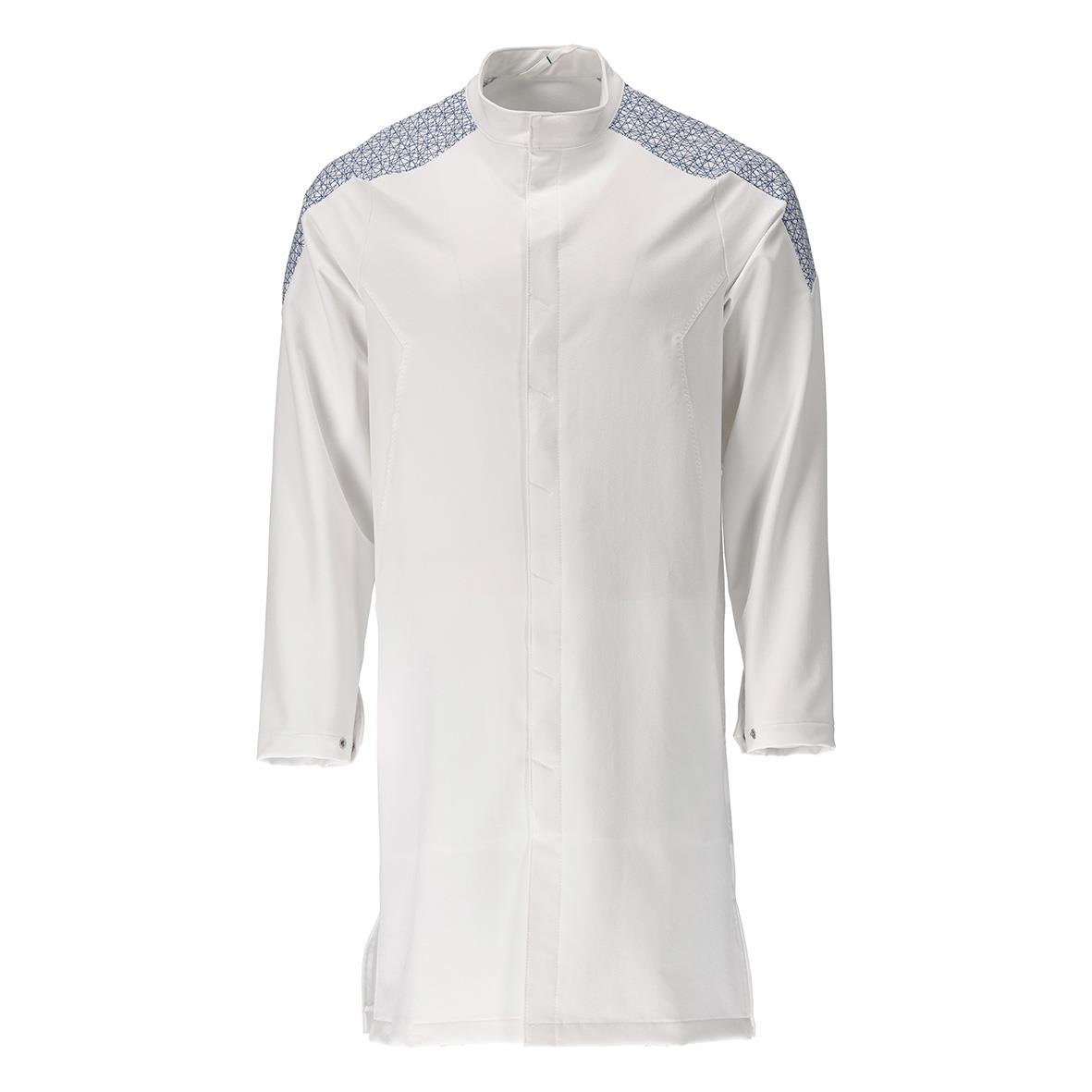 Vit kockklänning med blå mönstrade axlar och trekvartsärmar