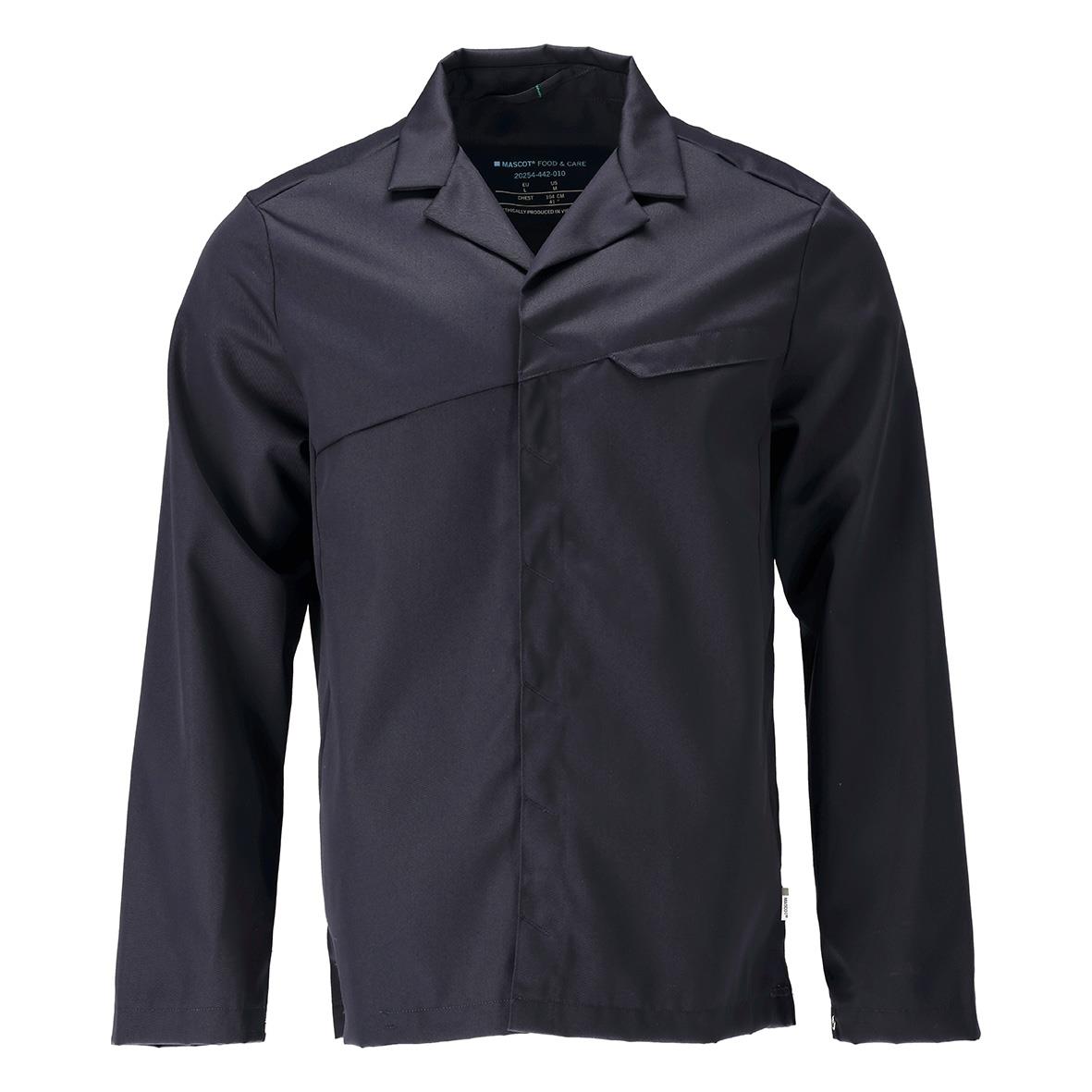 Mörkblå jacka med krage och dragkedja fram, långärmad och enkel design