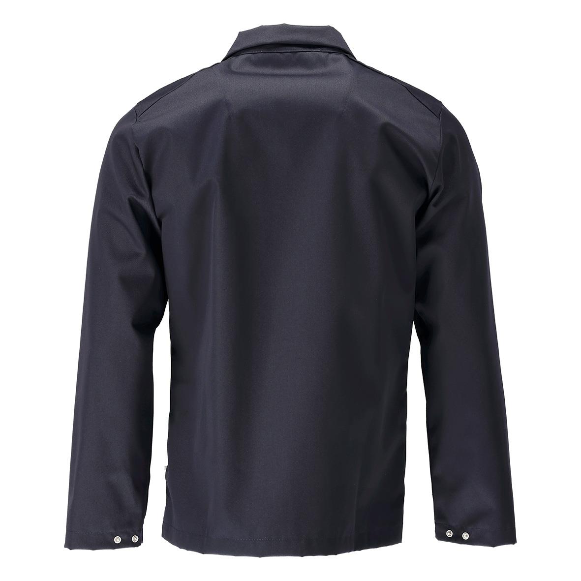 Svart jacka med krage och knappar vid ärmslutet sett bakifrån