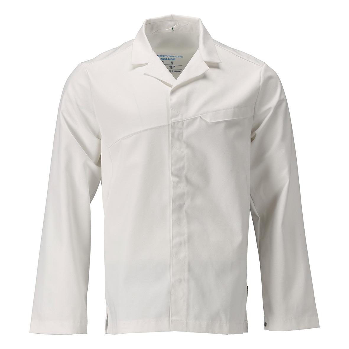 Vit arbetsjacka med krage och knappar framtill