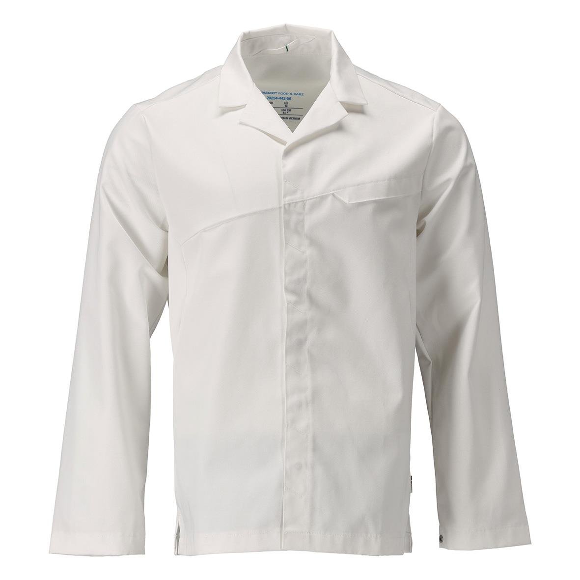 Vit arbetsjacka med krage och knappar framtill