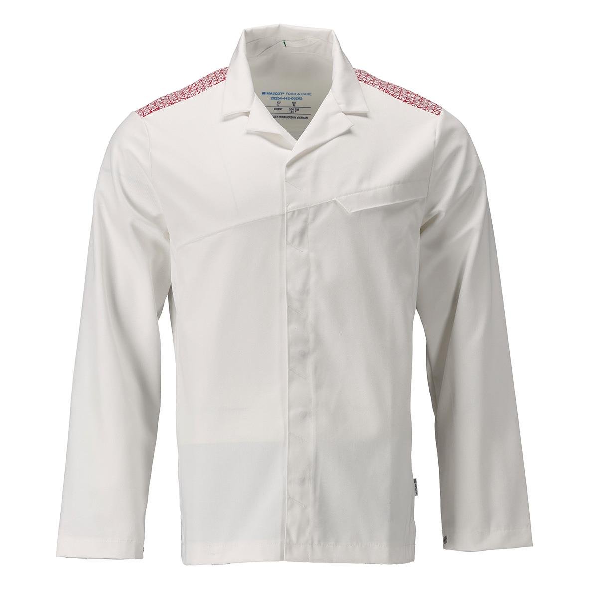 Vit kockklänning med röda detaljer på axlarna och krage