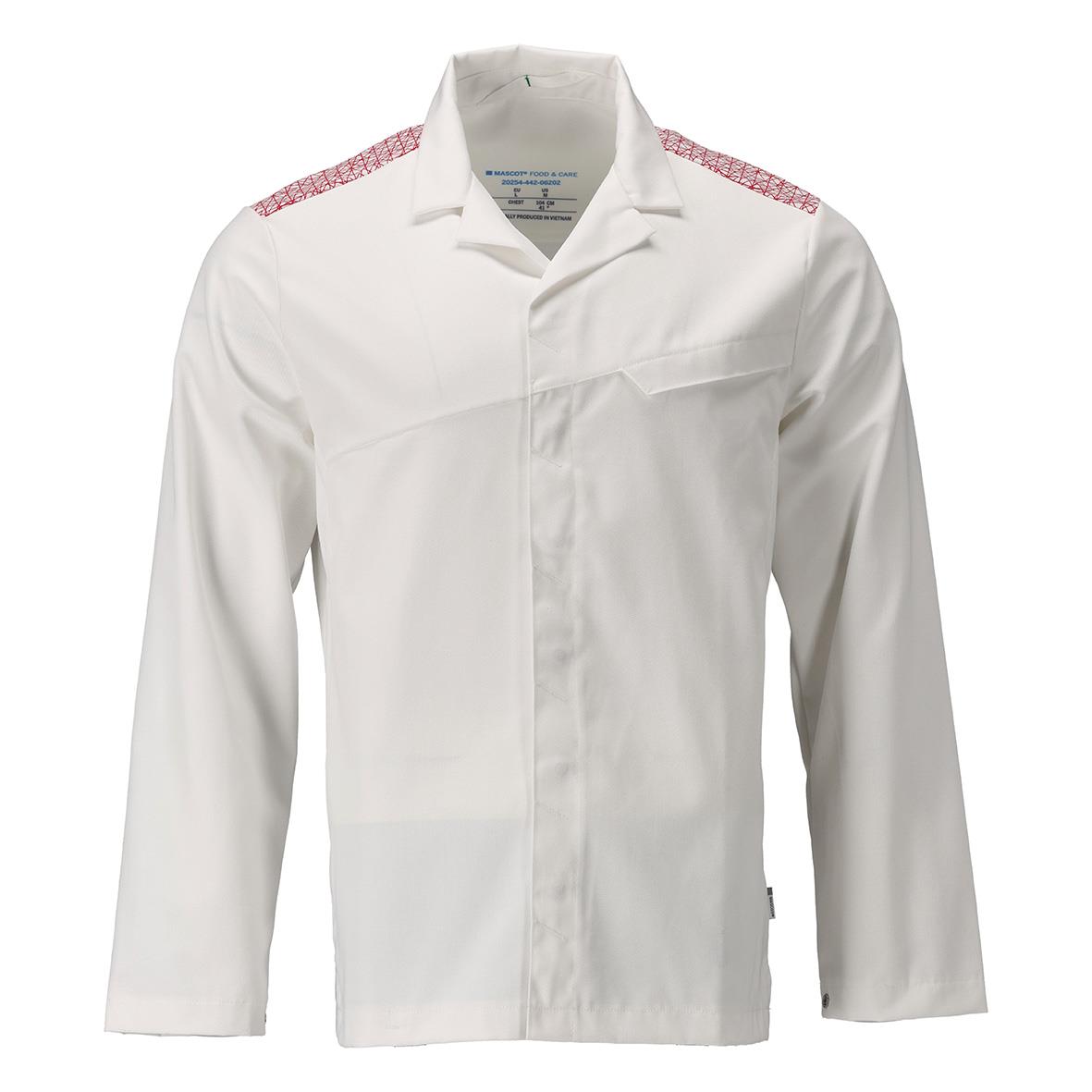 Vit kockklänning med rosa mönster på axlarna och långärmad design